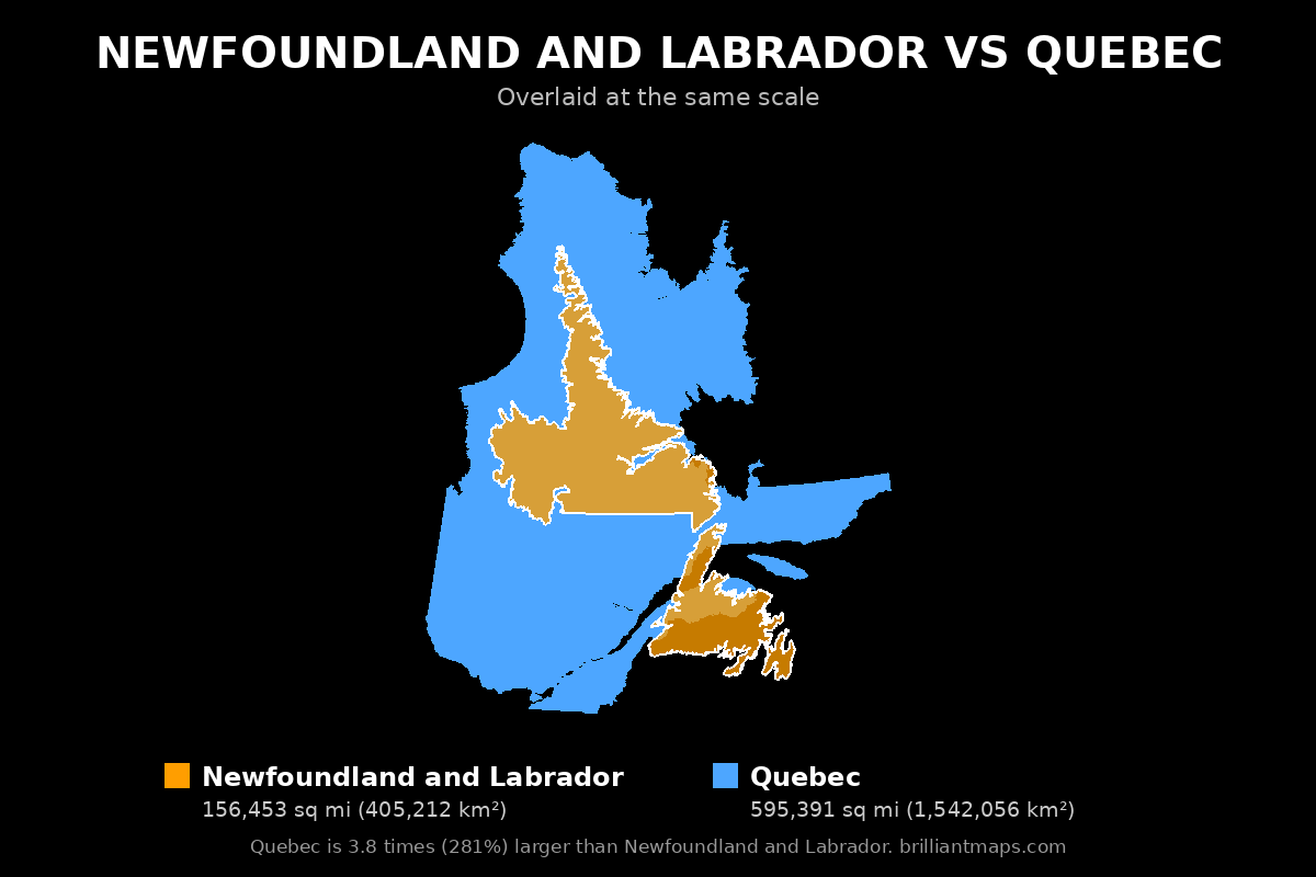 Newfoundland and Labrador vs Quebec Size Comparison Map