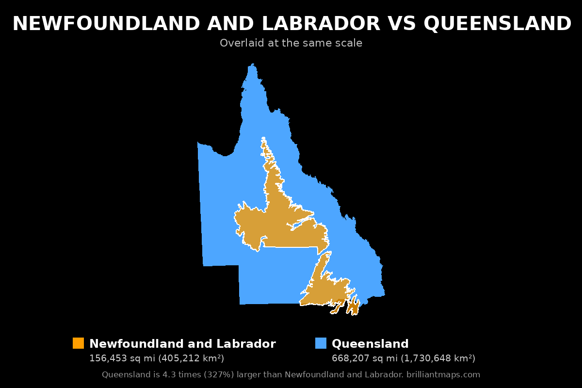 Newfoundland and Labrador vs Queensland Size Comparison Map