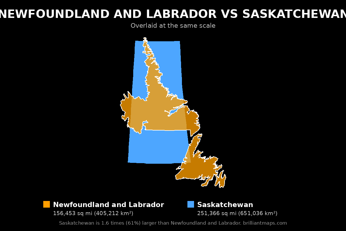 Newfoundland and Labrador vs Saskatchewan Size Comparison Map