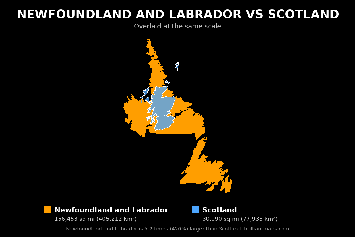 Newfoundland and Labrador vs Scotland Size Comparison Map