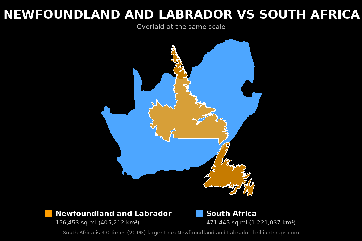 Newfoundland and Labrador vs South Africa Size Comparison Map