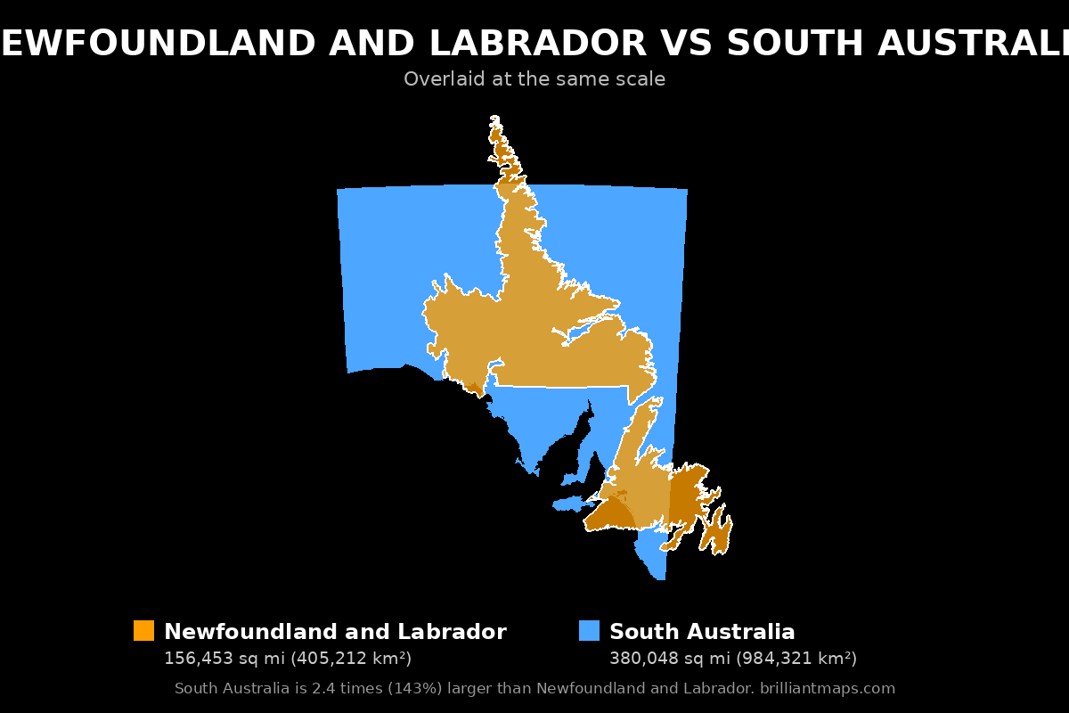 Newfoundland and Labrador vs South Australia Size Comparison Map