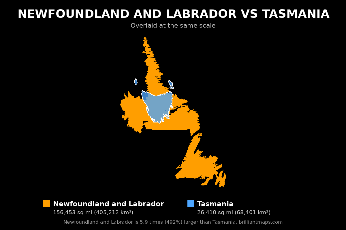 Newfoundland and Labrador vs Tasmania Size Comparison Map