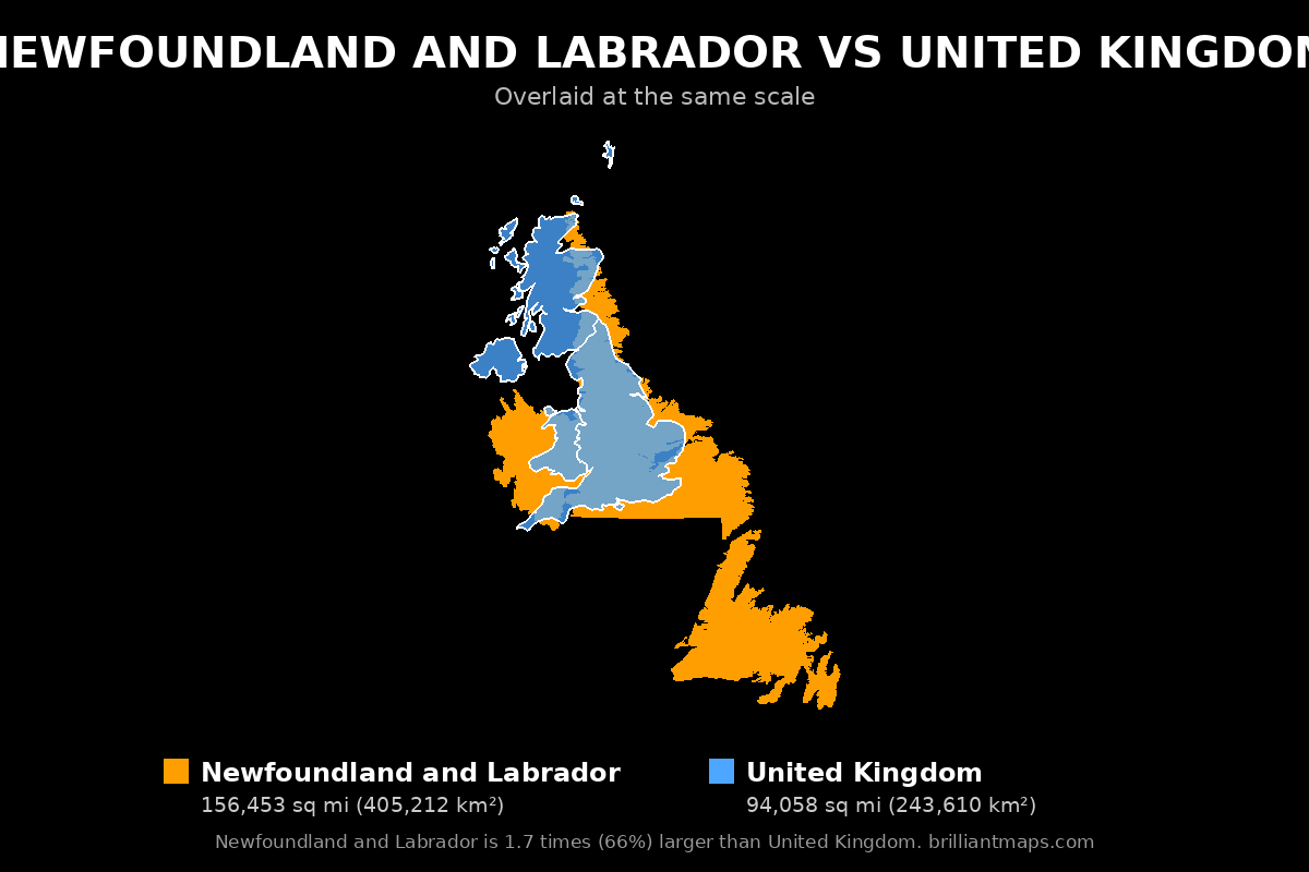 Newfoundland and Labrador vs United Kingdom Size Comparison Map