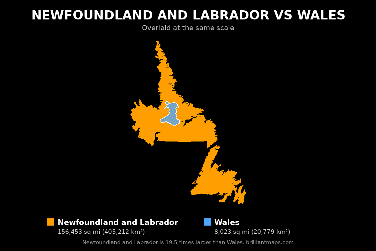 Newfoundland and Labrador vs Wales Size Comparison Map