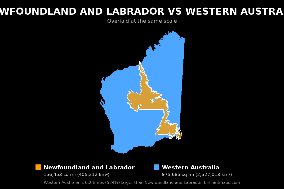 Newfoundland and Labrador vs Western Australia Size Comparison Map
