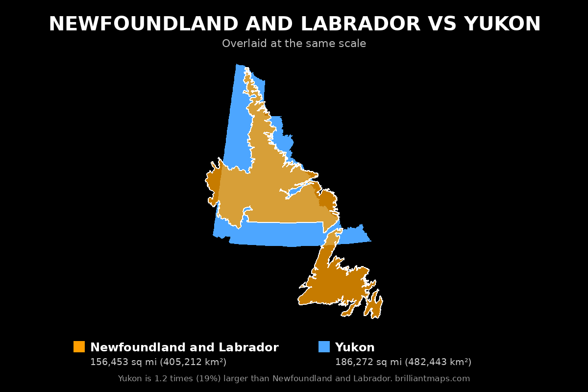 Newfoundland and Labrador vs Yukon Size Comparison Map