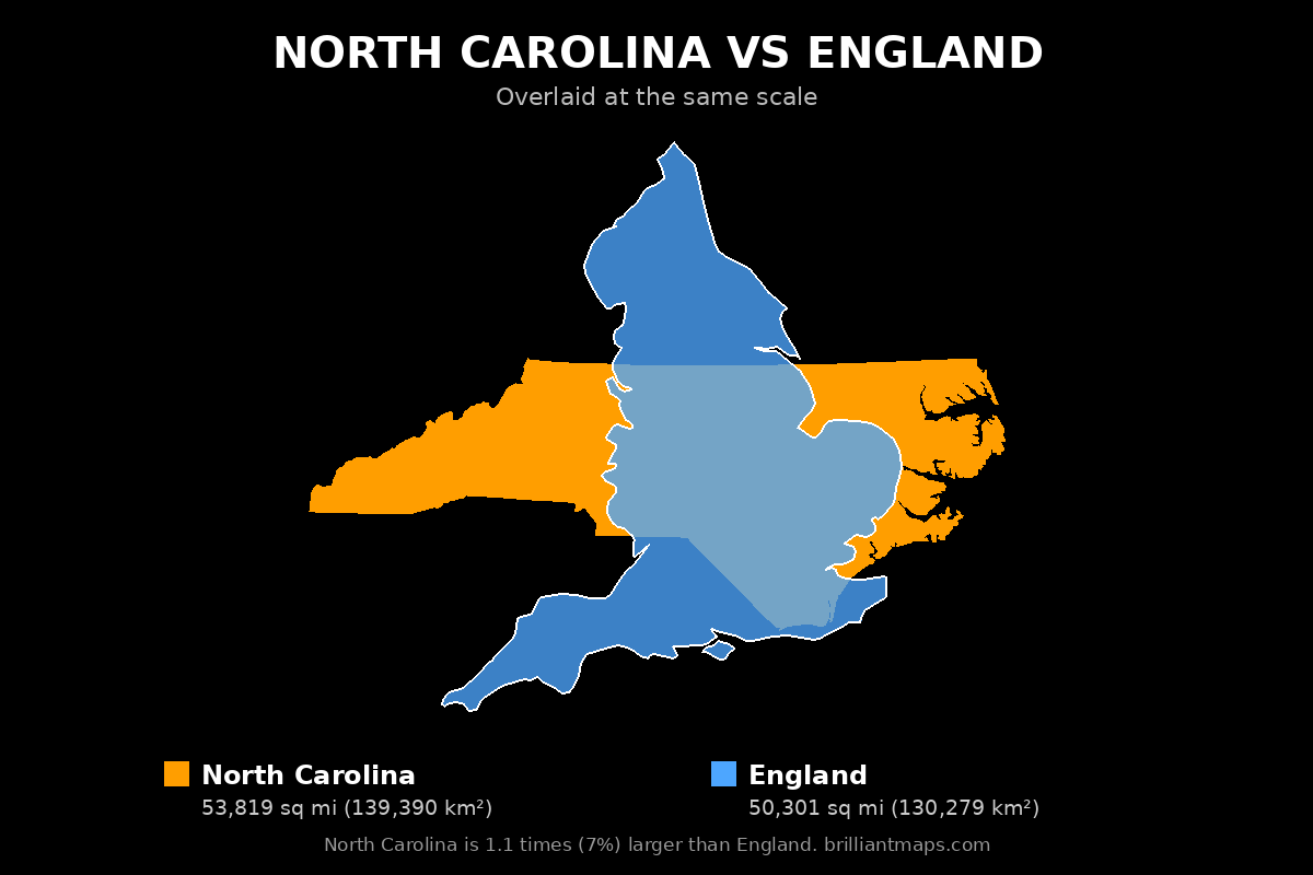 North Carolina vs England Size Comparison Map