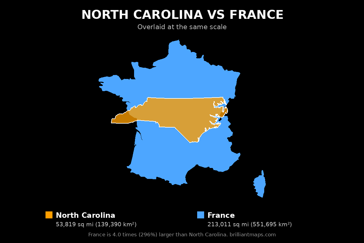 North Carolina vs France Size Comparison Map