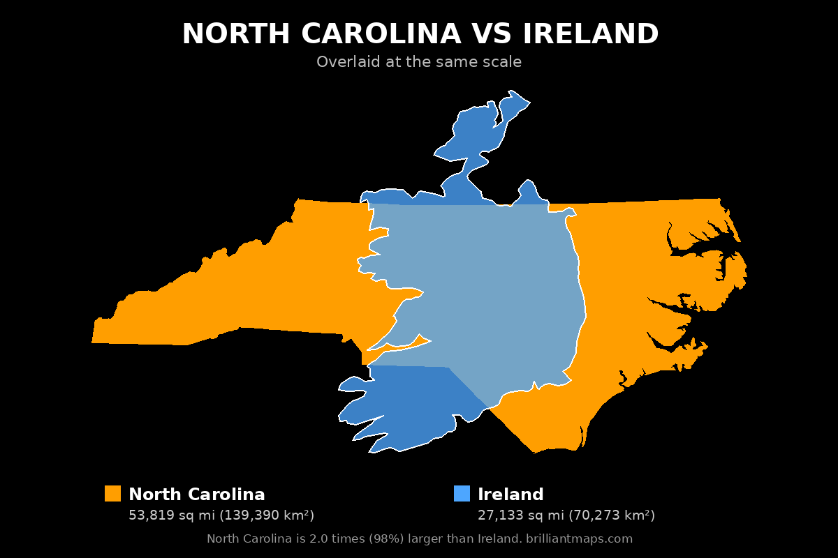 North Carolina vs Ireland Size Comparison Map