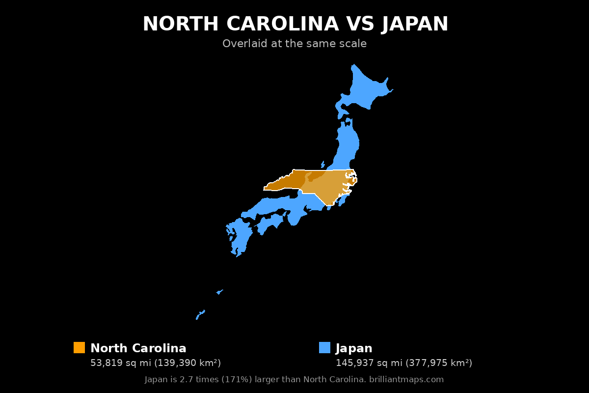 North Carolina vs Japan Size Comparison Map