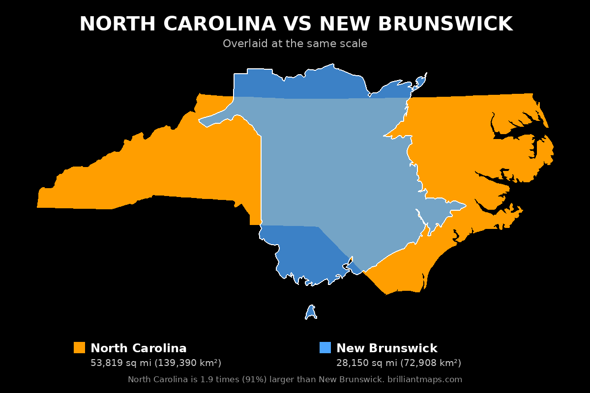 North Carolina vs New Brunswick Size Comparison Map