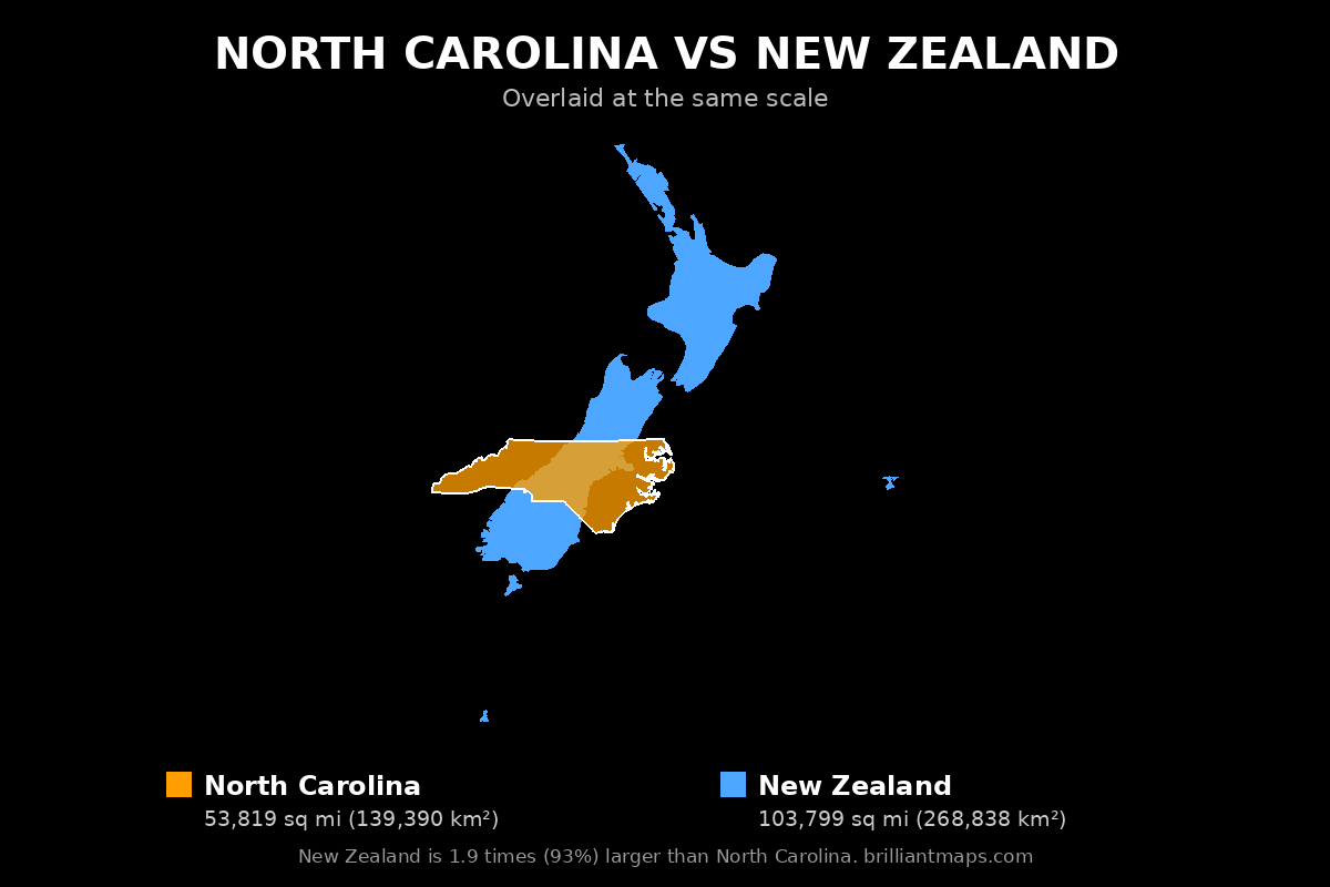 North Carolina vs New Zealand Size Comparison Map