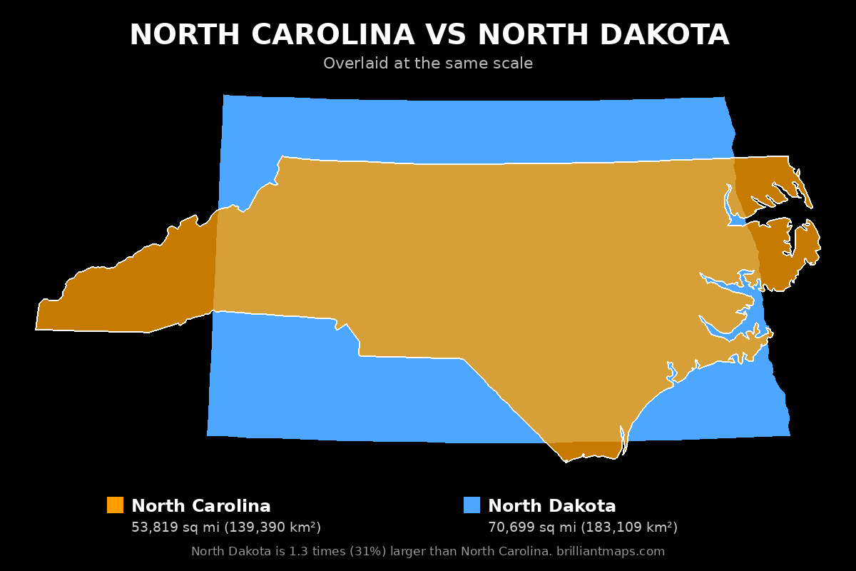North Carolina vs North Dakota Size Comparison Map