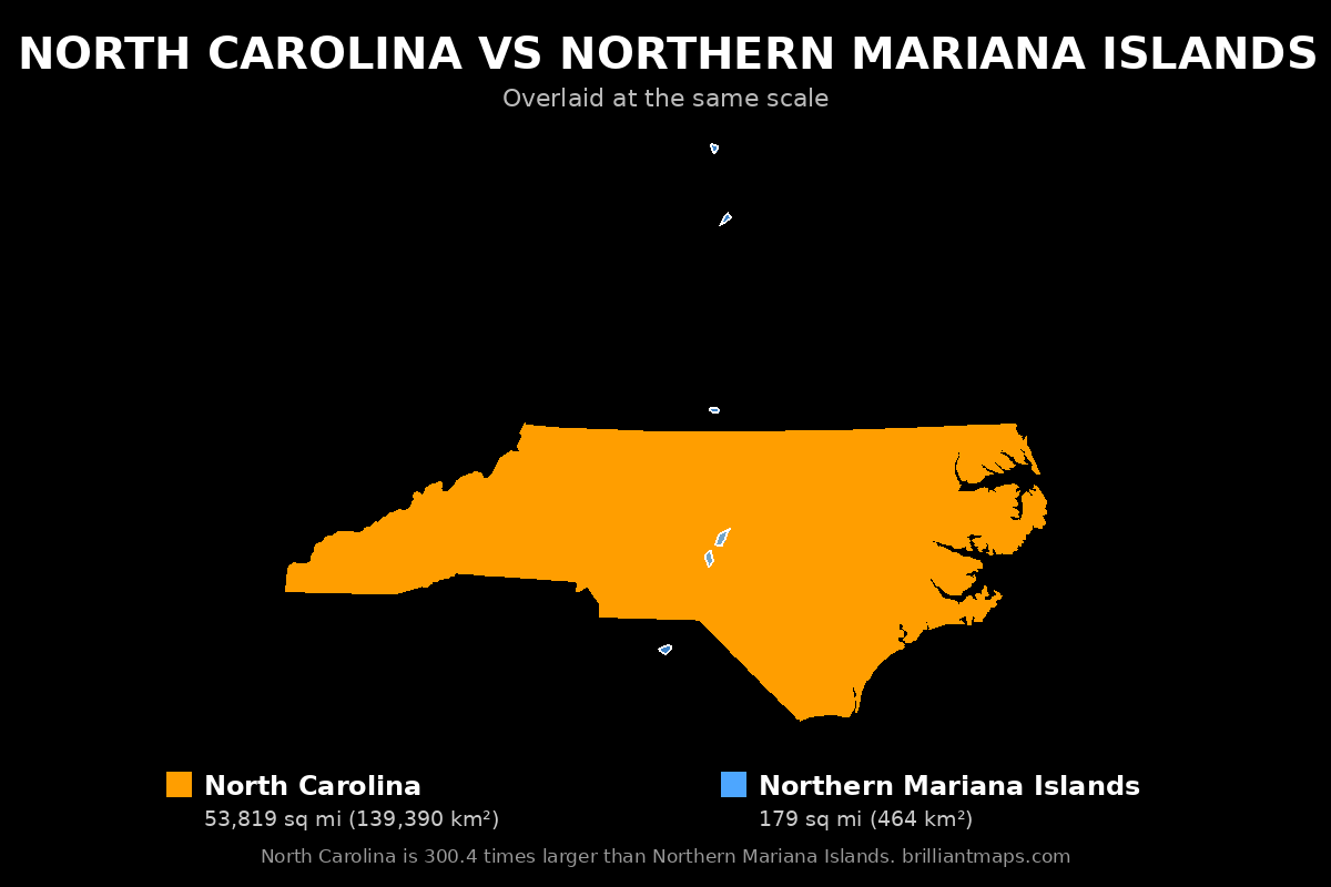 North Carolina vs Northern Mariana Islands Size Comparison Map