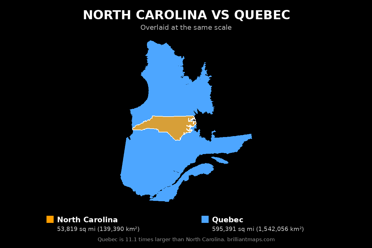 North Carolina vs Quebec Size Comparison Map