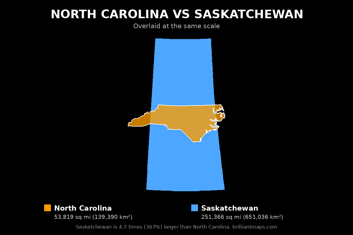 North Carolina vs Saskatchewan Size Comparison Map