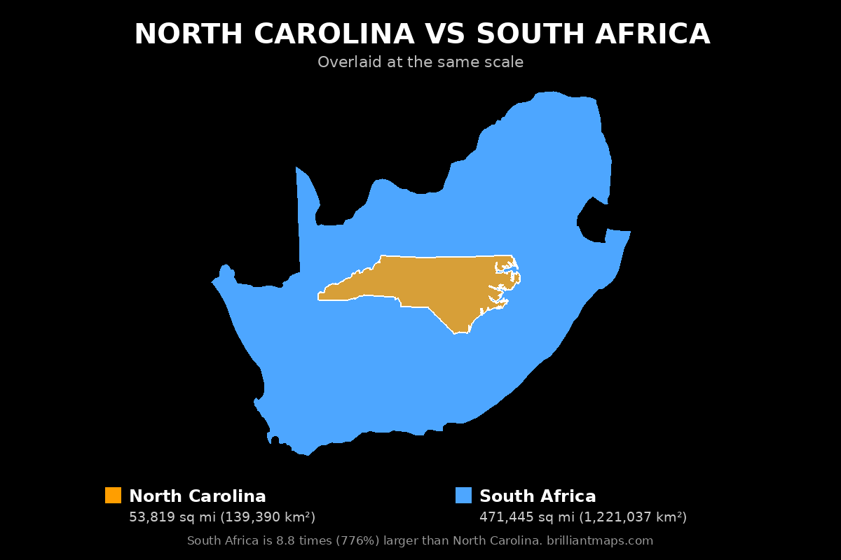 North Carolina vs South Africa Size Comparison Map