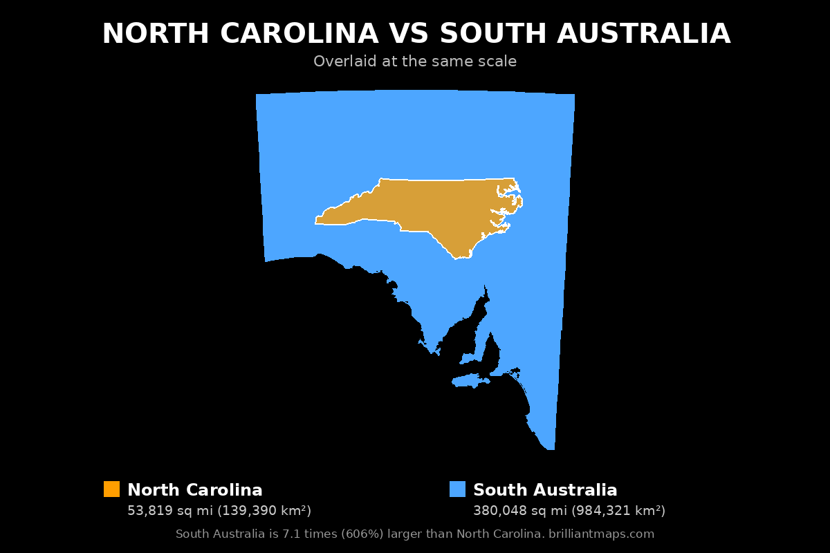 North Carolina vs South Australia Size Comparison Map