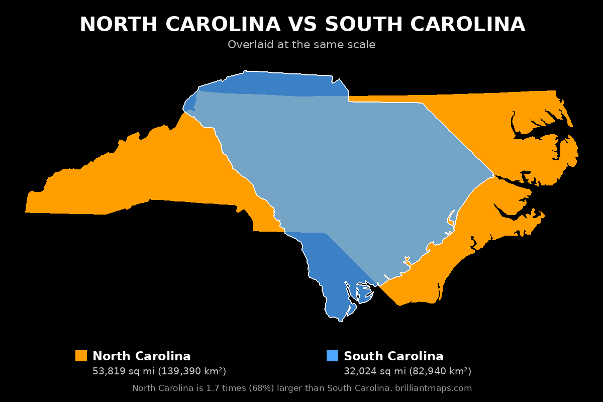 North Carolina vs South Carolina Size Comparison Map