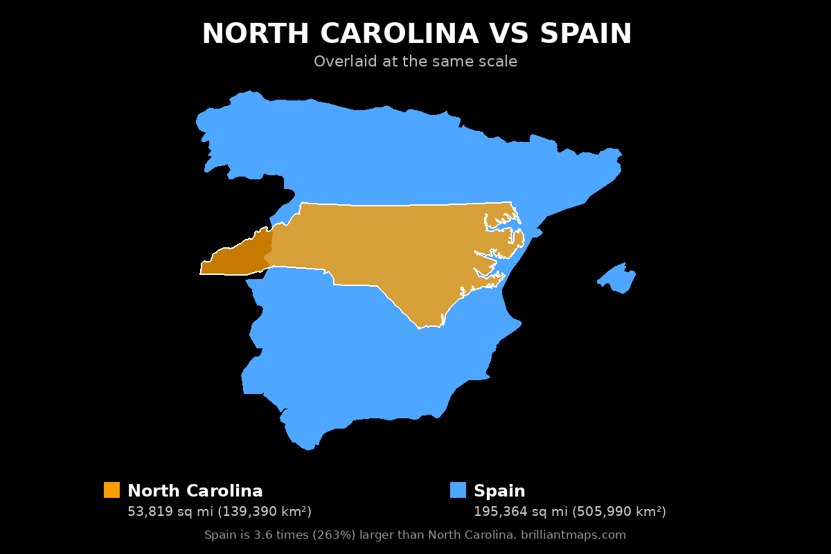 North Carolina vs Spain Size Comparison Map
