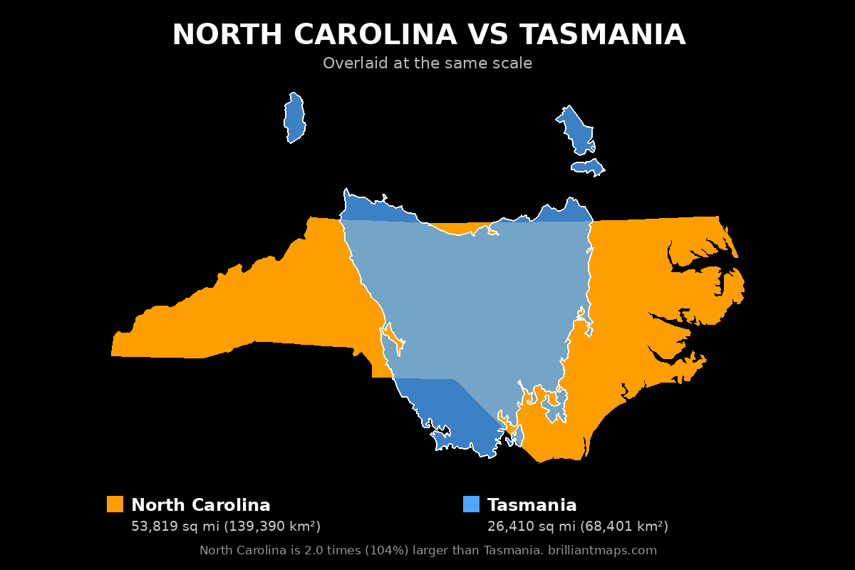 North Carolina vs Tasmania Size Comparison Map