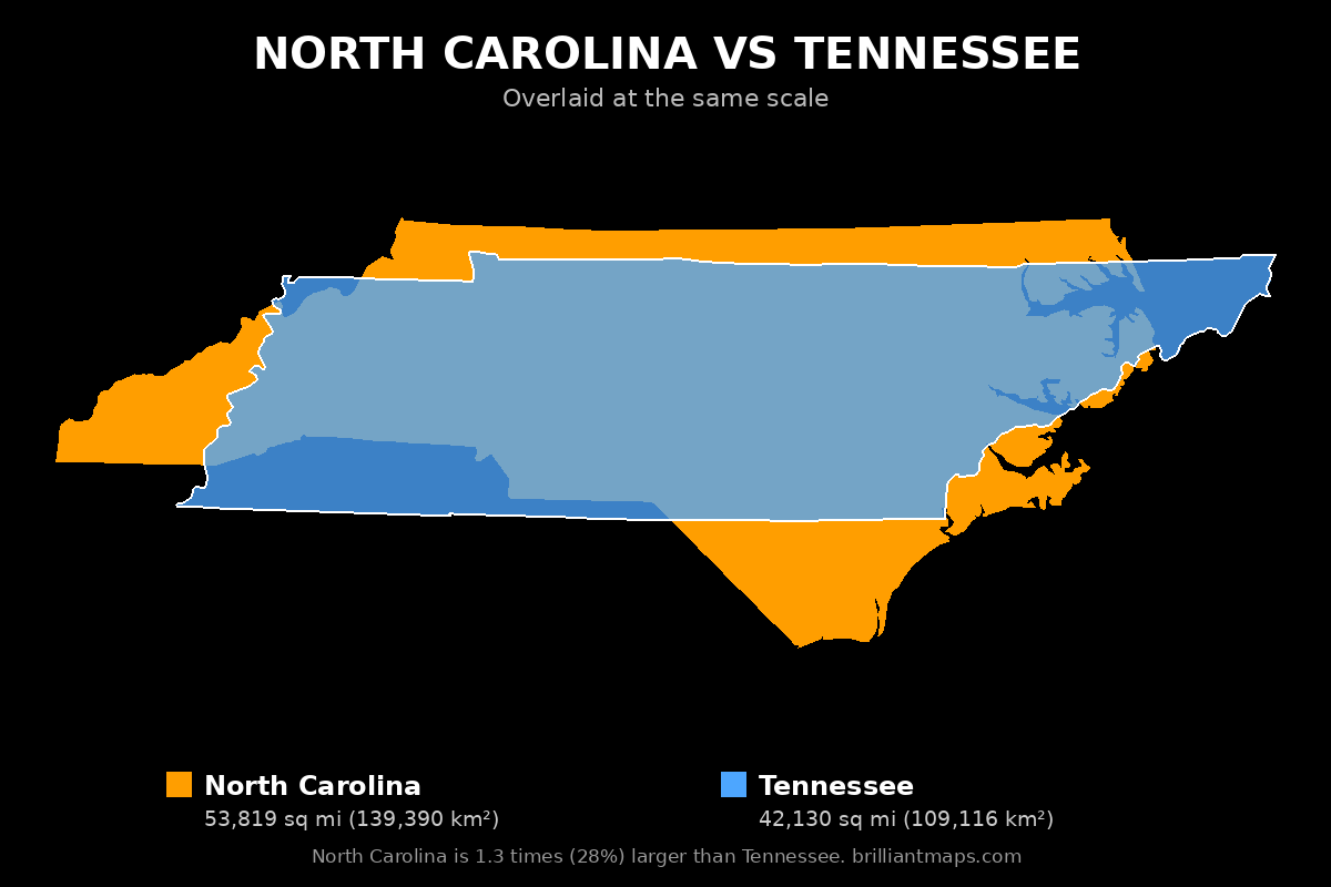 North Carolina vs Tennessee Size Comparison Map