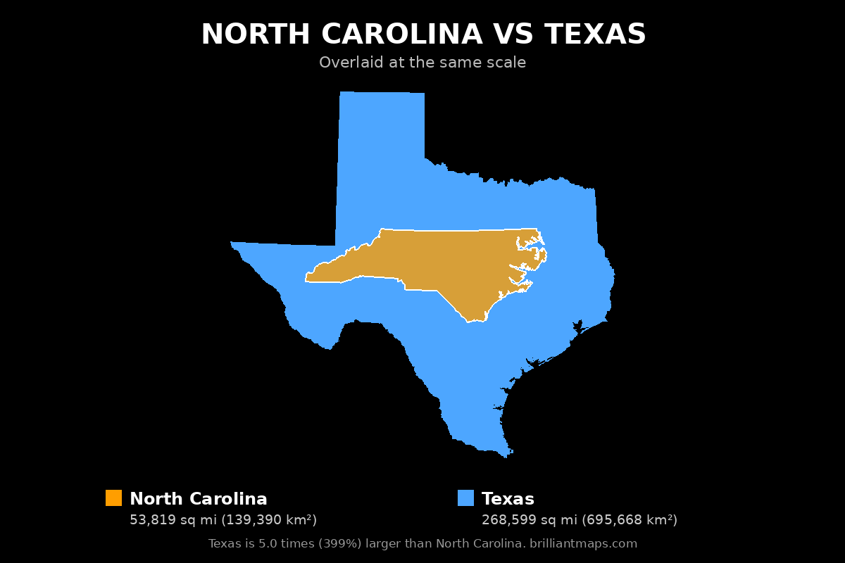 North Carolina vs Texas Size Comparison Map