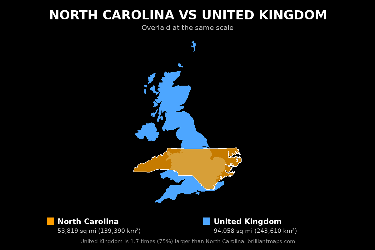North Carolina vs United Kingdom Size Comparison Map