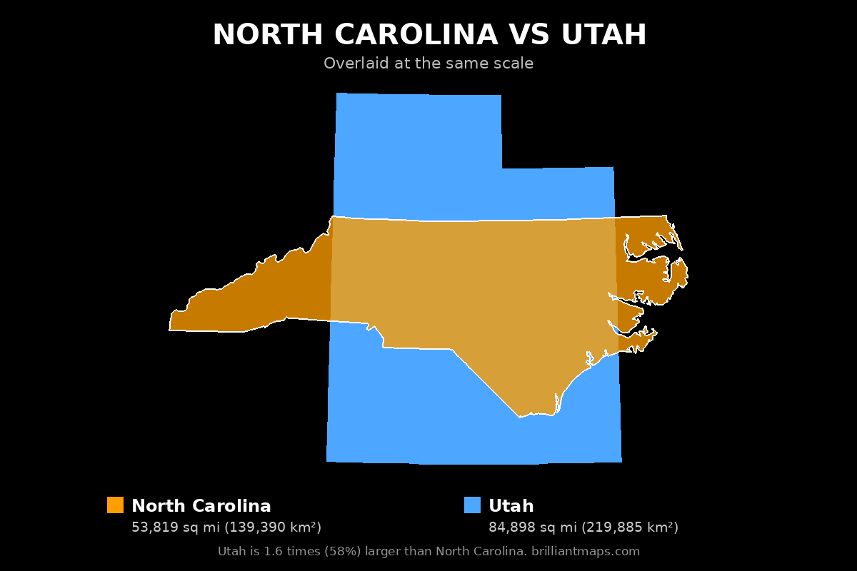 North Carolina vs Utah Size Comparison Map