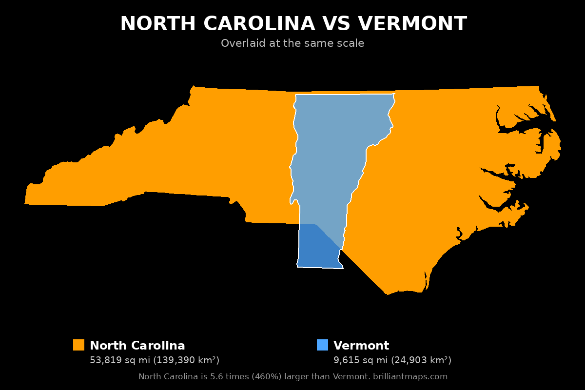 North Carolina vs Vermont Size Comparison Map