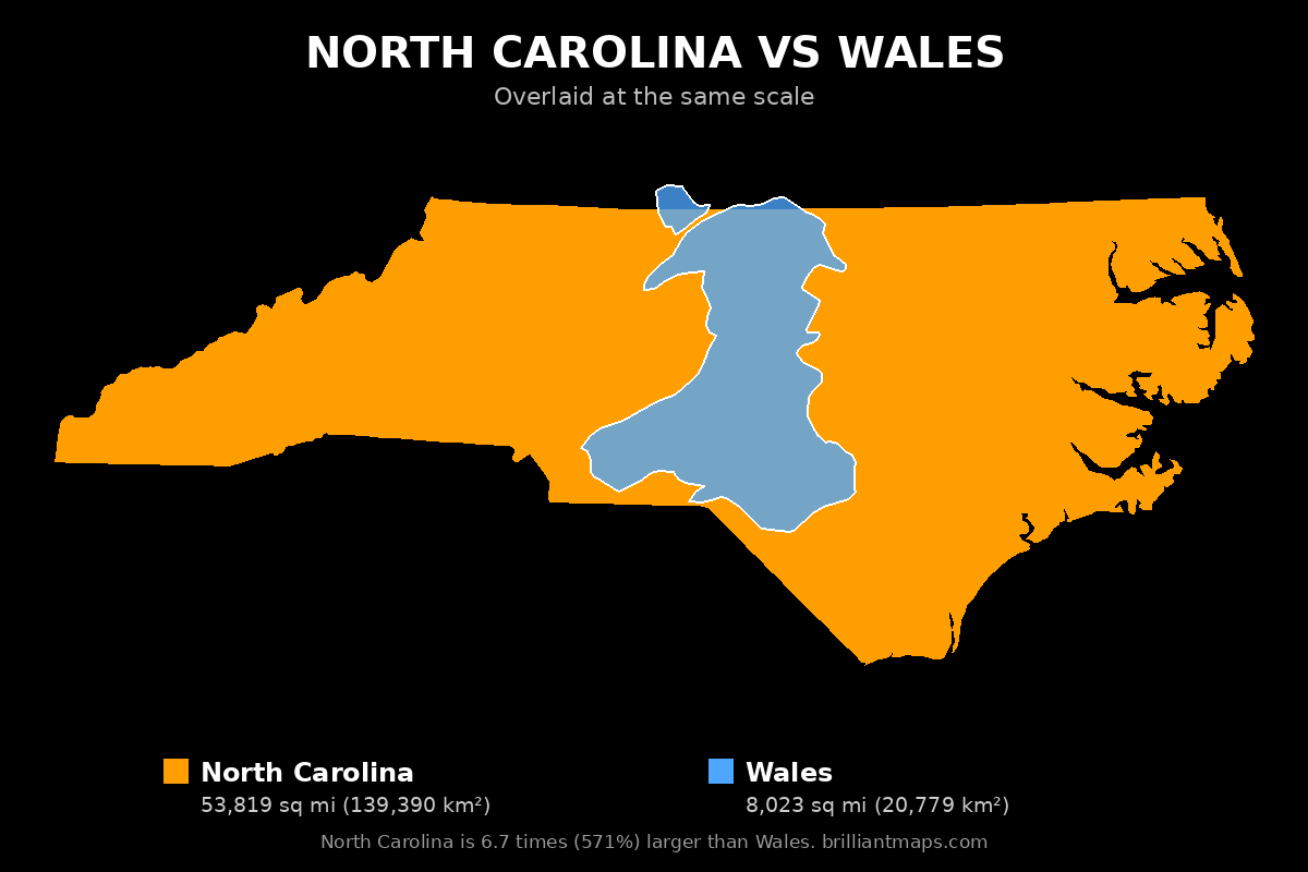 North Carolina vs Wales Size Comparison Map