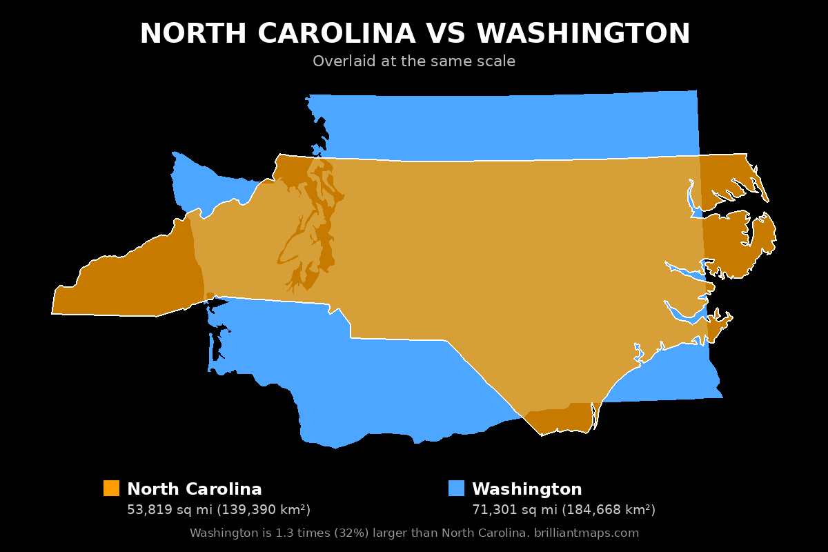 North Carolina vs Washington Size Comparison Map
