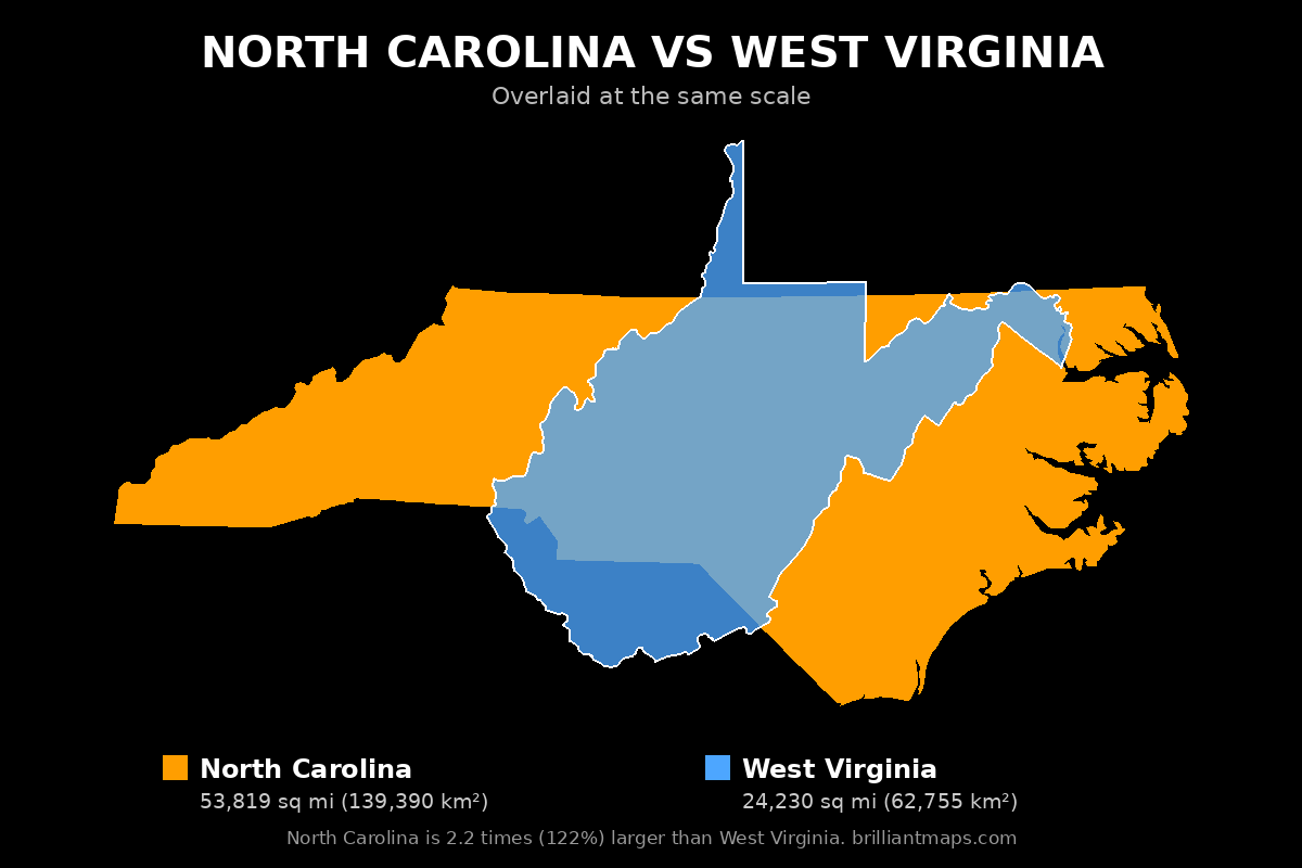North Carolina vs West Virginia Size Comparison Map