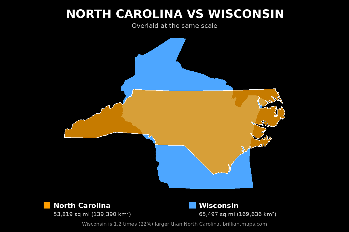 North Carolina vs Wisconsin Size Comparison Map