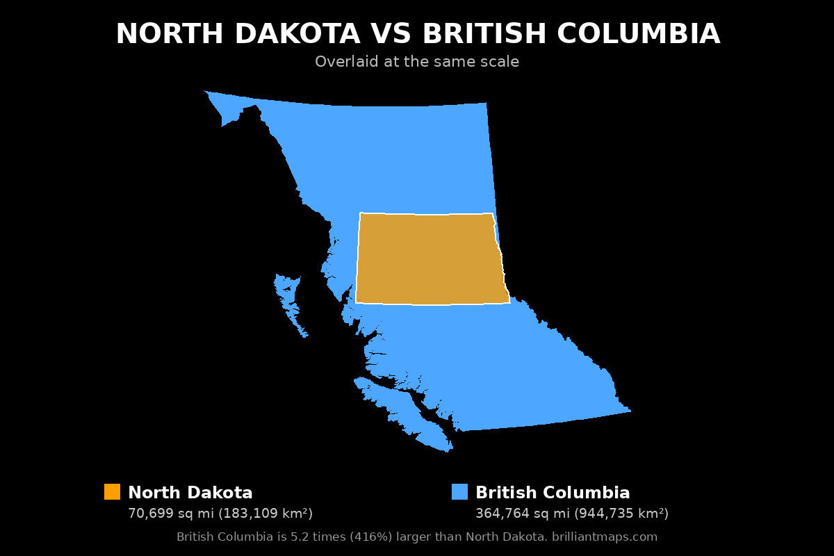 North Dakota vs British Columbia Size Comparison Map