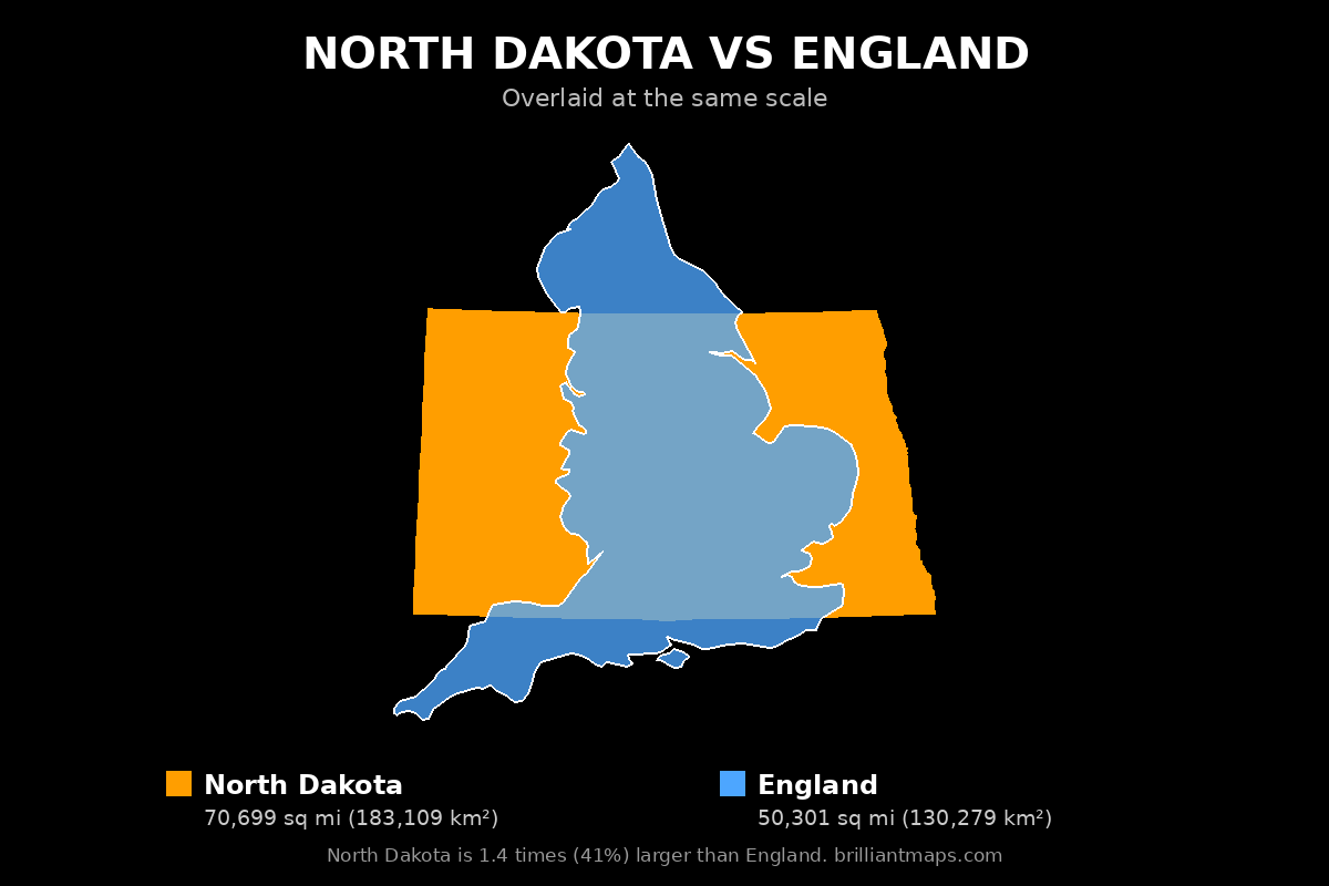 North Dakota vs England Size Comparison Map