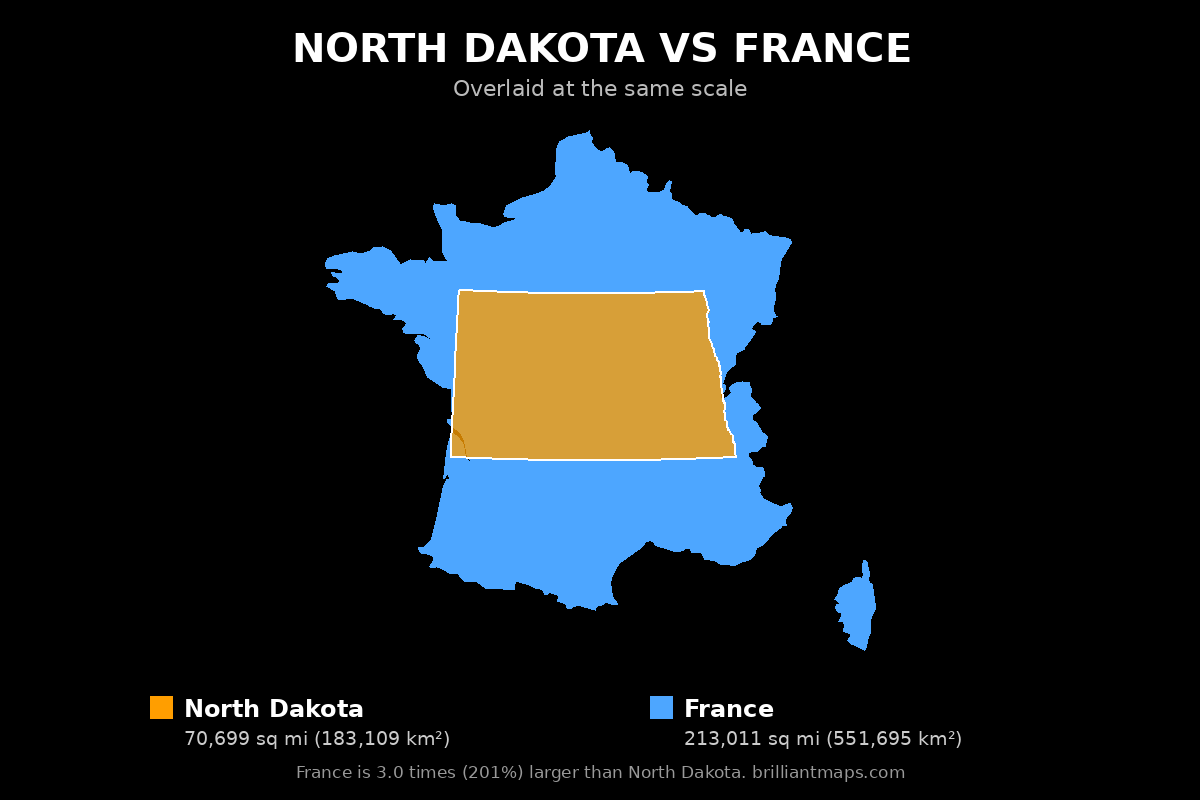 North Dakota vs France Size Comparison Map