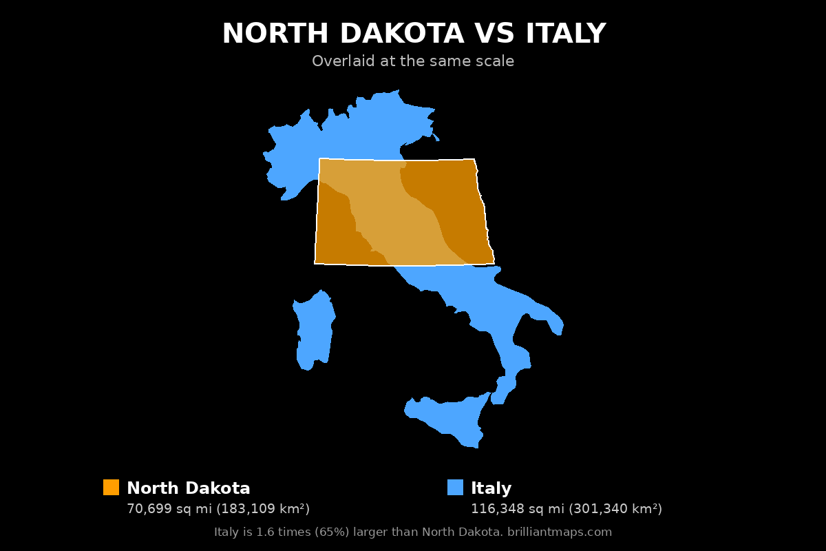 North Dakota vs Italy Size Comparison Map