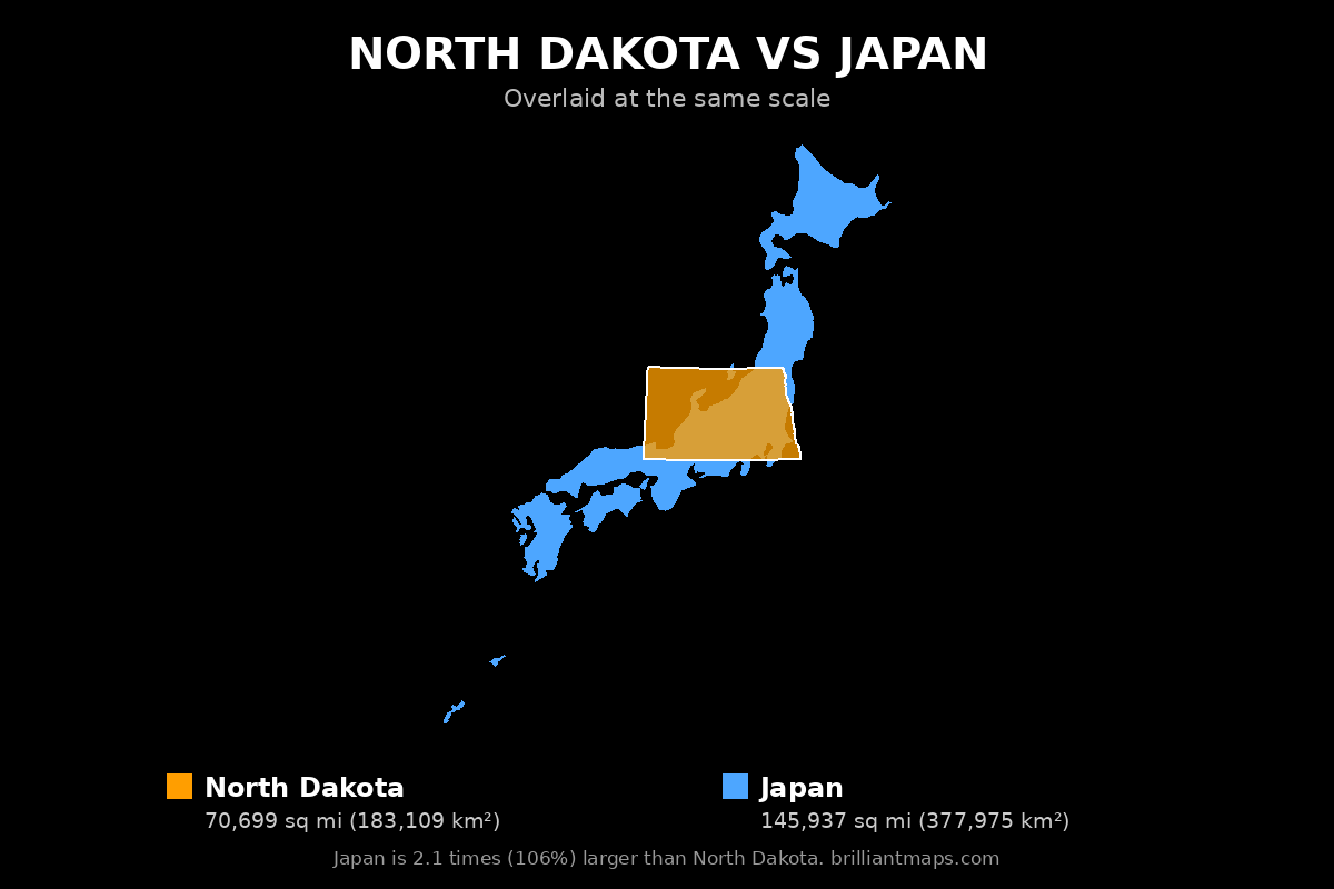 North Dakota vs Japan Size Comparison Map