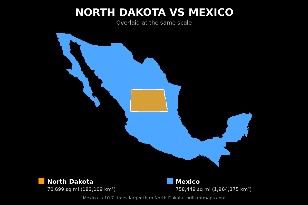 North Dakota vs Mexico Size Comparison Map