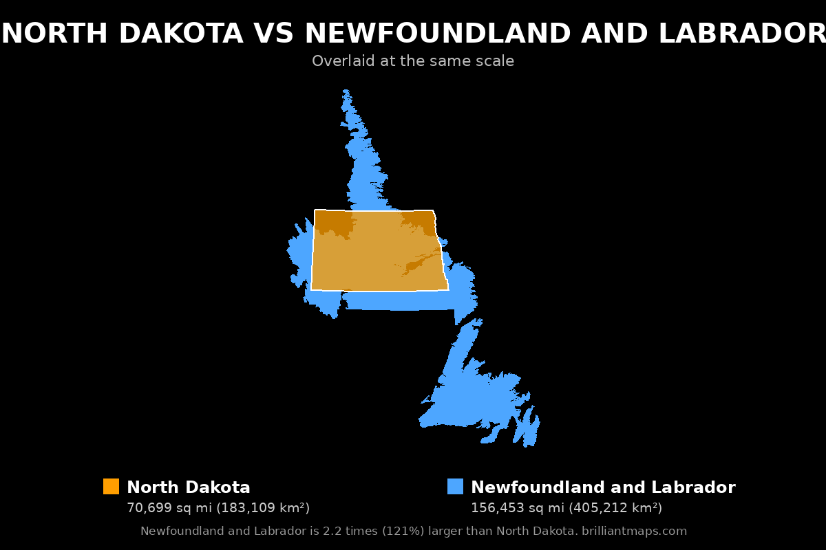 North Dakota vs Newfoundland and Labrador Size Comparison Map
