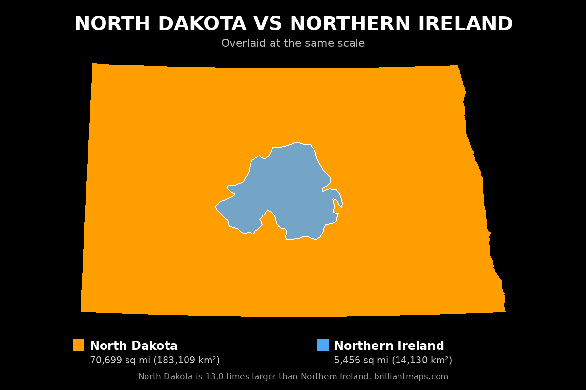 North Dakota vs Northern Ireland Size Comparison Map