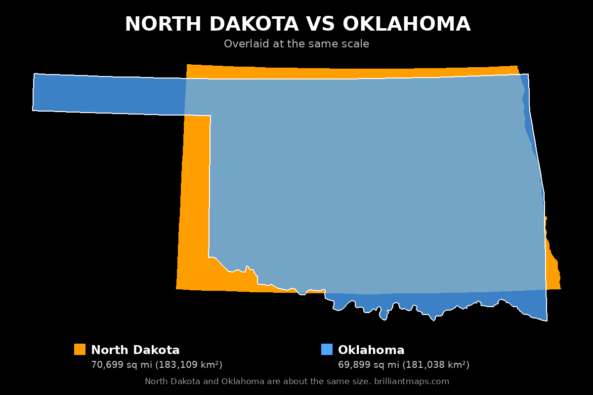 North Dakota vs Oklahoma Size Comparison Map
