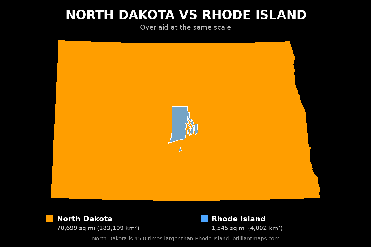 North Dakota vs Rhode Island Size Comparison Map