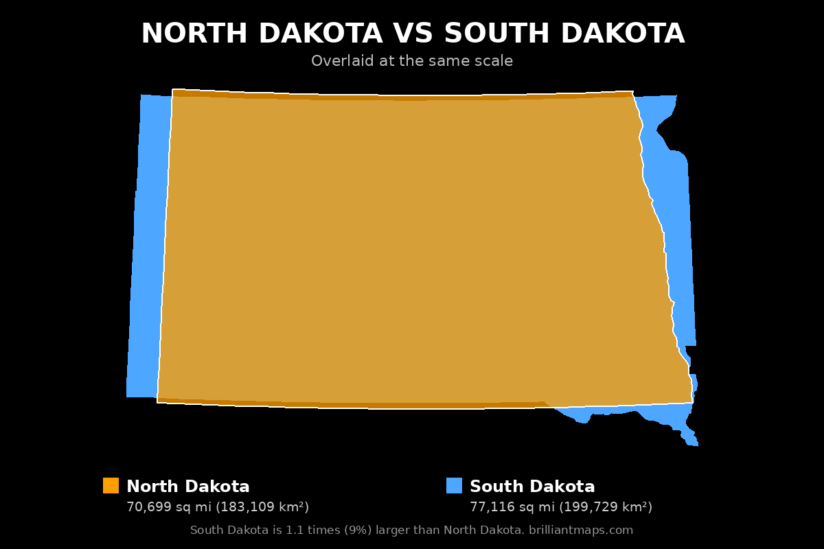 North Dakota vs South Dakota Size Comparison Map