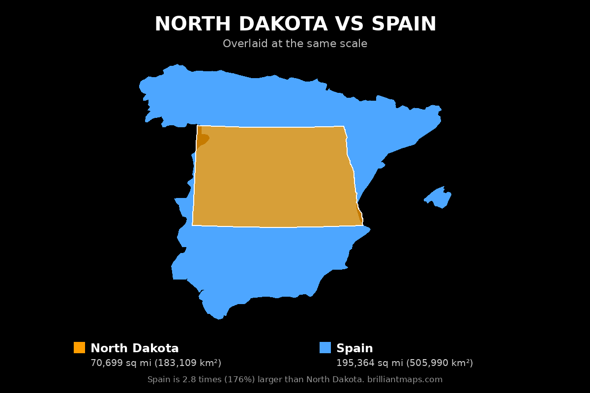 North Dakota vs Spain Size Comparison Map
