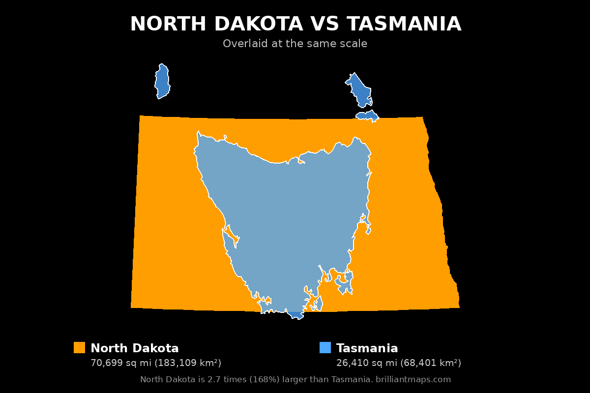 North Dakota vs Tasmania Size Comparison Map