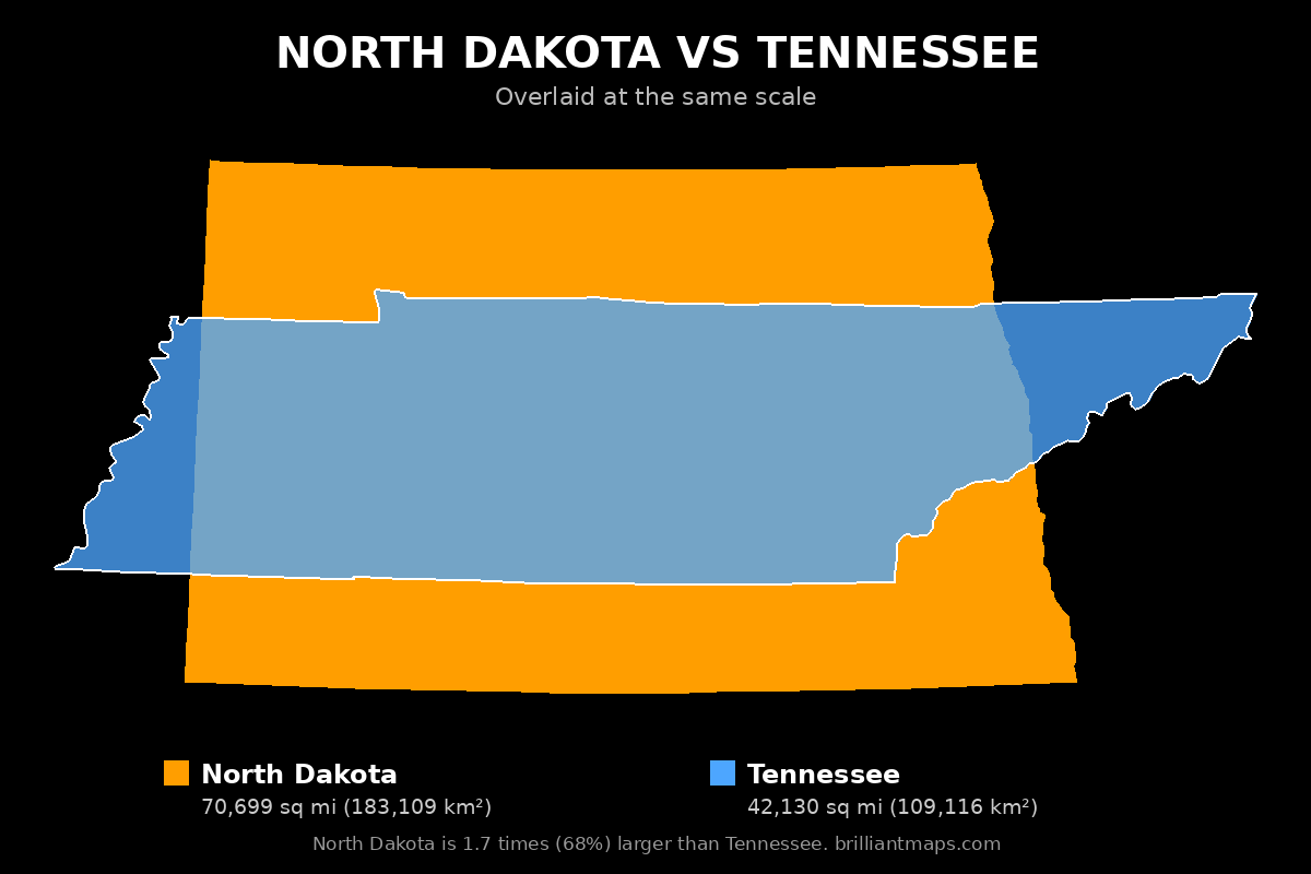 North Dakota vs Tennessee Size Comparison Map