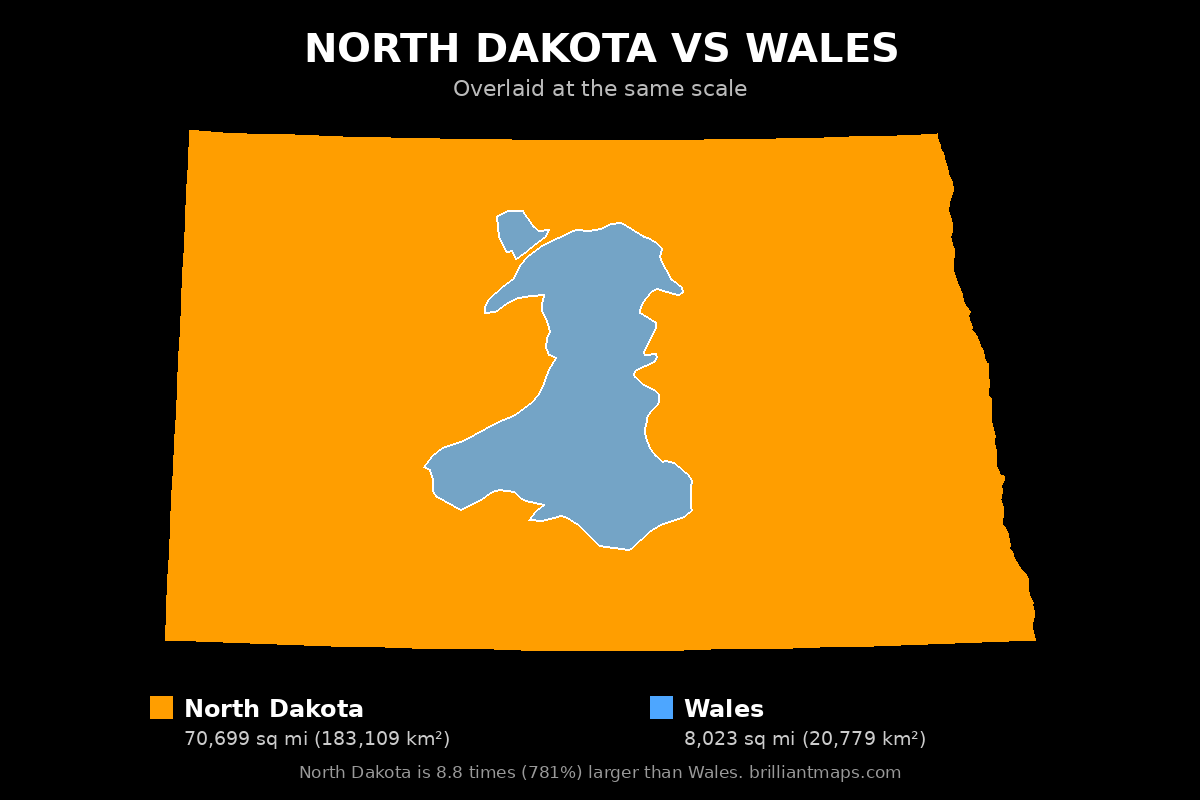 North Dakota vs Wales Size Comparison Map